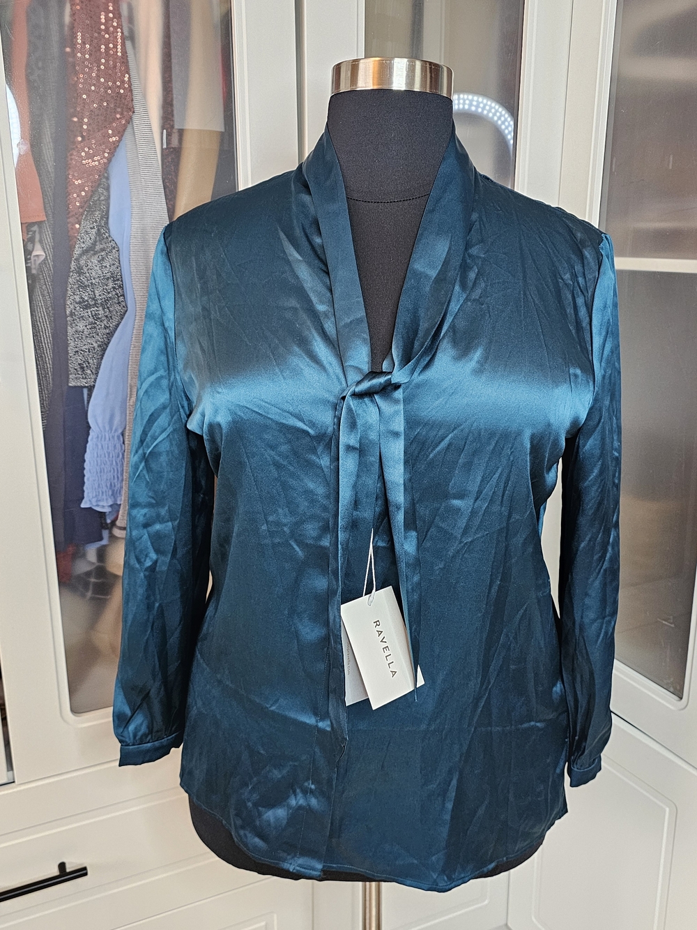 RAVELLA Teal Satin Tie-Neck Blouse